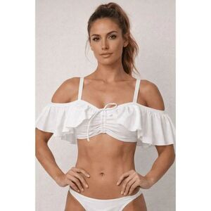Unique Vintage White Off-Shoulder Ruffle Bikini Top Swimwear Swim Top MEDIUM